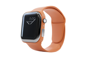 Orange smartwatch with a chrome casing and black screen. Time is displayed, with a button