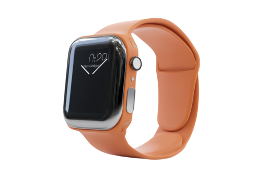 Orange smartwatch with a chrome casing and black screen. Time is displayed, with a button