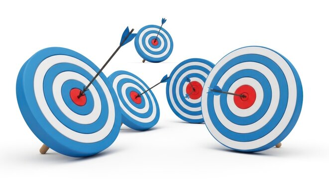 Dynamic Array of Blue Archery Targets with Arrows Striking Bullseyes on a Clean White Background.