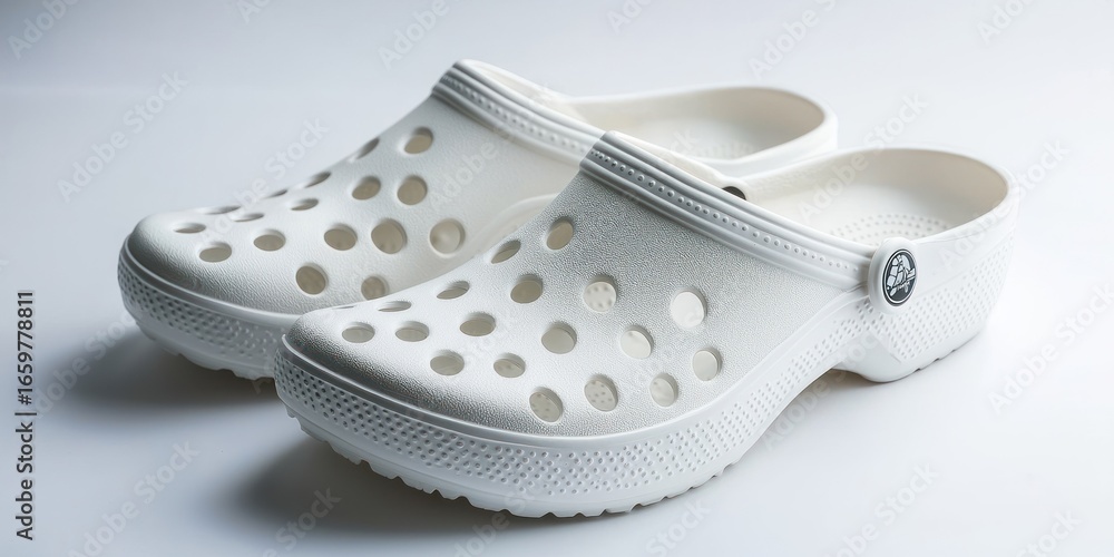 Poster a pair of white croc clogs rests on a white surface. the clogs have a distinctive perforated design,