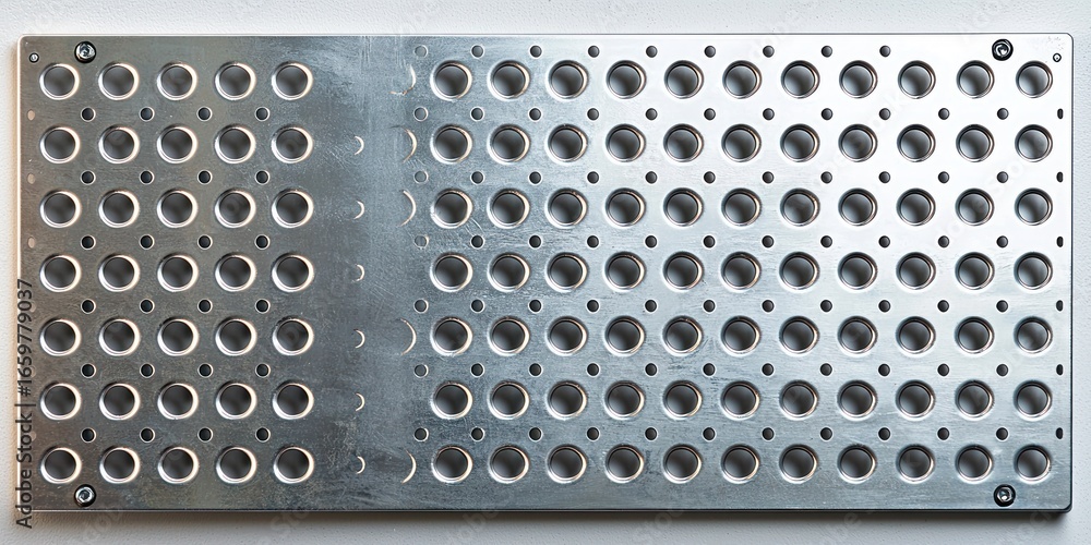 Poster a rectangular metal plate with numerous circular holes arranged in a grid pattern. the plate is made