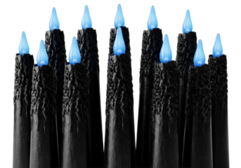 Multiple dark, gnarled, polished black tapered candles with ethereal blue tips, symmetrically arranged against a stark white background, cinematic studio lighting, ancient arcane mystery atmosphere