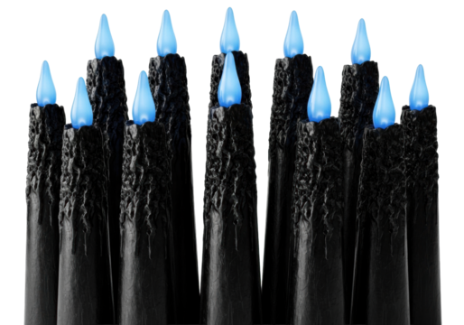 Multiple dark, gnarled, polished black tapered candles with ethereal blue tips, symmetrically arranged against a stark white background, cinematic studio lighting, ancient arcane mystery atmosphere