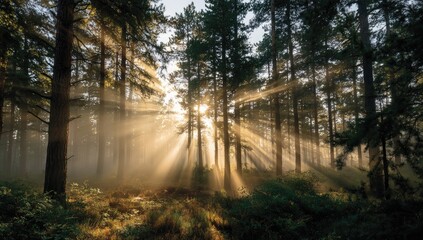 Obraz premium Sunrise rays through misty forest