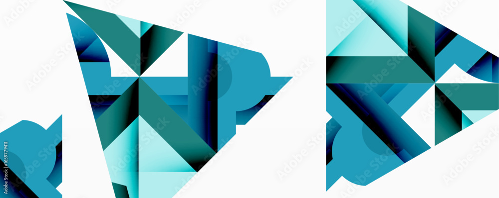 Poster abstract geometric shapes, teal hues dominate. overlapping polygons create dynamic visual texture. m