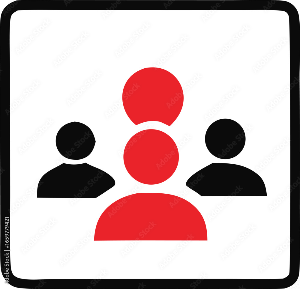 Poster simple graphic icon representing a group of three people one distinguished person central in red sym