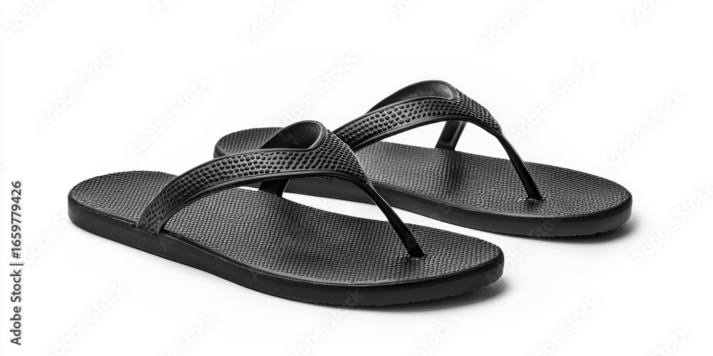 Poster a pair of black flip-flops rests on a white surface. the flip-flops have a textured, dark gray upper