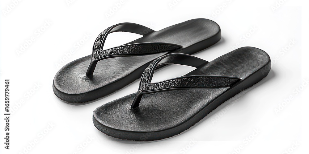 Poster a pair of black flip-flops rests on a white surface. the flip-flops have a smooth, glossy finish and