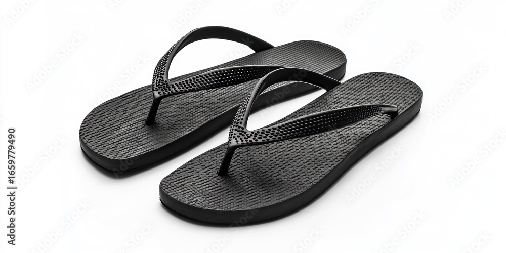 Poster a pair of black flip-flops rests on a white surface. the flip-flops have a textured sole and a simpl