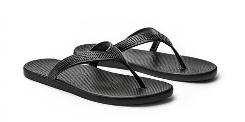 A pair of black flip-flops rests on a white surface. The flip-flops have a textured, dark gray upper strap and a solid black sole. The image is a studio shot with a gradient background