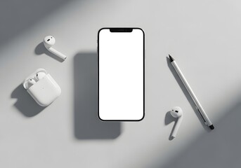 Minimalist Smartphone Mockup with Wireless Earbuds and Stylus on a Grey Background