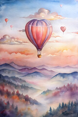 Fototapeta premium Romantic hot air balloon ride with pastel colors, a beautiful watercolor fairytale style image. Enjoy romantic hot air balloon ride above foggy mountains and valleys, capturing warmth and romance.