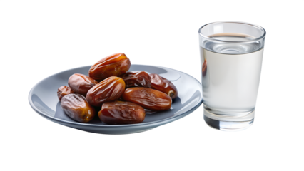 A plate of ripe dates next to a glass of water, isolated on transparent background