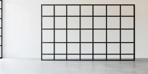 A large, black grid-like shelving unit stands against a white wall in a minimalist room. The shelving unit is composed of a black metal frame with numerous square compartments.