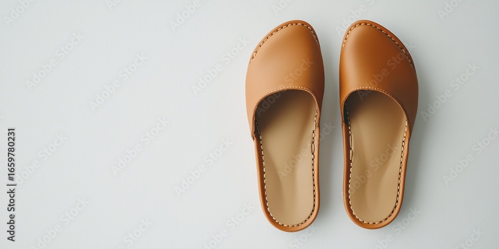 Poster a pair of brown leather slippers rests on a white surface. the slippers have a rounded toe and a sim