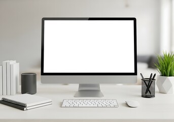 Minimalist workspace setup with computer keyboard mouse and office supplies on desk