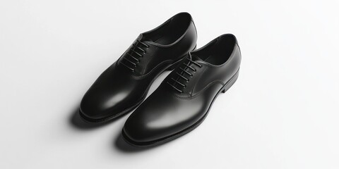 A pair of sleek, black leather dress shoes rests on a stark white surface. The shoes are meticulously polished, reflecting the studio lighting. 