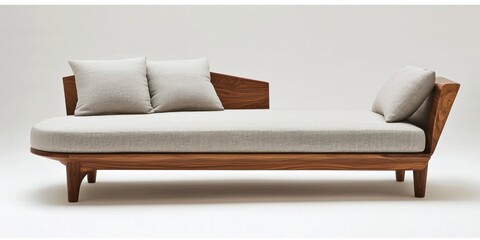 A sleek, modern chaise lounge sits against a stark white background. The sofa features a dark wood frame with a gently curved design, complemented by a light gray upholstered cushion 