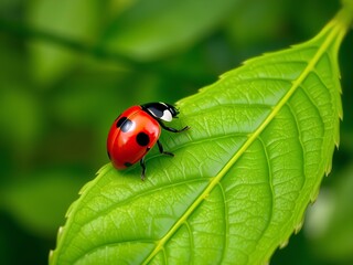 Fototapeta premium Close-up of a vibrant red ladybug with black spots perched on a bright green leaf, highlighting detailed textures and natural colors