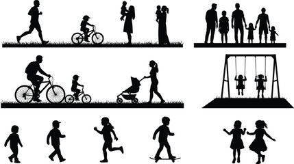 Family and outdoor activities silhouettes, vector people icons, cycling, running, playing, parenting scenes, children recreation art, community lifestyle design illustration