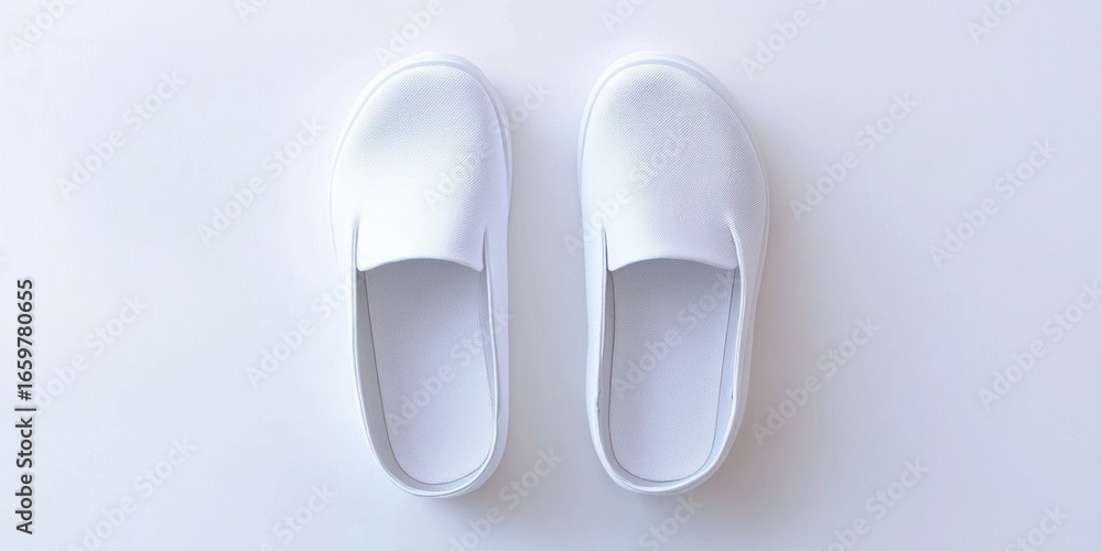 Poster two white slip-on shoes are placed side-by-side on a plain white surface. the shoes have a simple, m