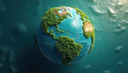 Fototapeta premium 3D render of planet Earth. Rich green forests, clean blue oceans, soft daylight. Concept illustration of eco-friendly planet, world environment protection, healthy planet, sustainable development.