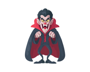 Cartoon vampire with red cape on transparent background