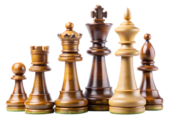 Row of chess pieces, including a king, a knight, a bishop, a rook, and a pawn isolated on white background ,PNG.AI Generated.