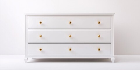 A light gray dresser stands against a white wall. The dresser has three drawers with gold knobs. The dresser is simple in design and has a clean, modern aesthetic.