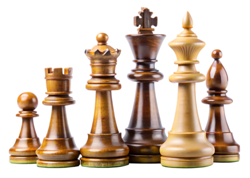  Row of chess pieces, including a king, a knight, a bishop, a rook, and a pawn isolated on white background ,PNG.AI Generated.