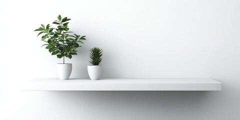 Two small potted plants sit on a white shelf against a white wall. The larger plant is a leafy green shrub in a white pot