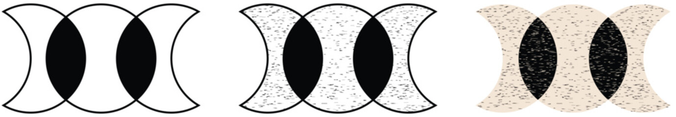 Set of icons, graphic symbol of the lunar cycle. Symbolic sign of the triple goddess in the Wiccan tradition. Elegant emblem with abstract moon phases. Magic logo in vintage style. Vector illustration