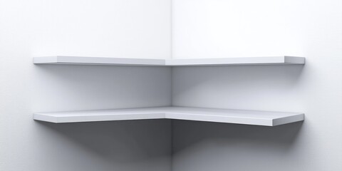 Three white shelves form a corner on a white wall. The shelves are angled to meet at a 90-degree angle, creating a triangular space. 