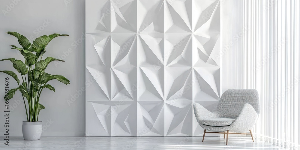 Poster a white 3d geometric wall panel is prominently displayed in a minimalist interior. the panel feature