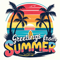 Obraz premium Retro Summer Fever Sunset Palm Tree Graphic Illustration for Trendy Beach Vibes and Tropical Vacation T-Shirt Design 