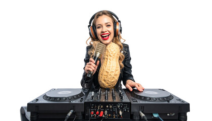 Happy peanut dj with headphones playing music isolated on solid white background in Png