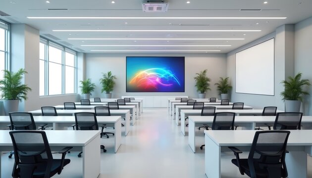 Modern classroom design featuring large projection screen, rows of desks, chairs. Empty lecture hall ready for presentation, instruction, learning broadcast event. Acoustic system ensures clear