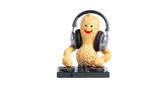 Happy peanut dj with headphones playing music isolated on solid white background Png form