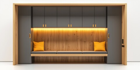 A modern, minimalist built-in bench unit is presented against a white wall. The unit features a dark gray frame and gray cabinets with multiple doors and drawers. 