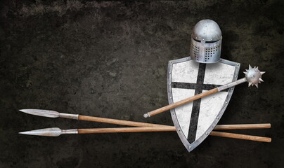 helmet shield mace and two lances on grunge background