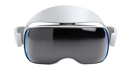 White VR headset, front view, dark visor, futuristic design
