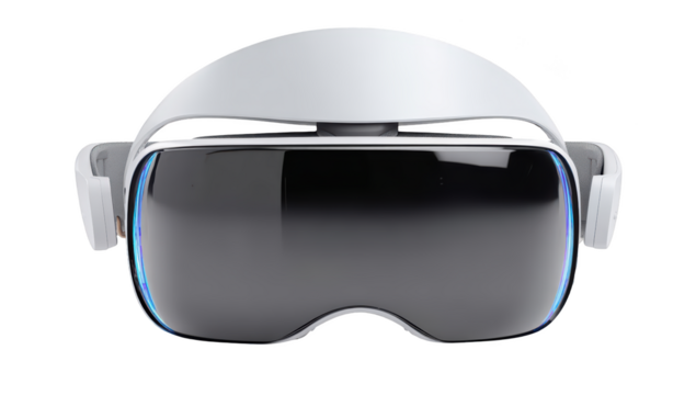 White VR headset, front view, dark visor, futuristic design