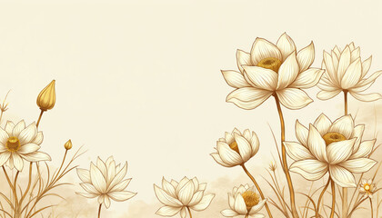 Illustration of golden lotuses with hand-drawn line art. Japanese style design for traditional Asian holiday card or wedding invitation. Elegant banner of oriental lotus flowers on beige background.