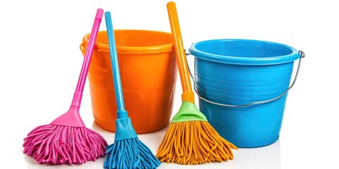 A vibrant collection of cleaning supplies sits on a white surface. A bright orange bucket is positioned in the foreground, with a blue bucket beside it