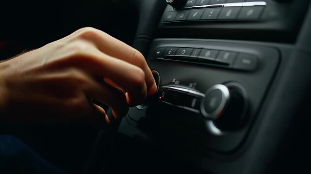 Close up view of a businessmans hand adjusting the volume control knob on a sophisticated car stereo system, savoring the music while navigating through his daily commute
