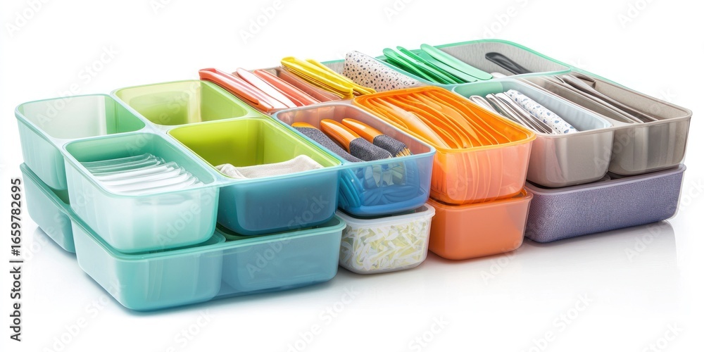 Poster a collection of colorful plastic storage containers is arranged on a white surface. the containers a