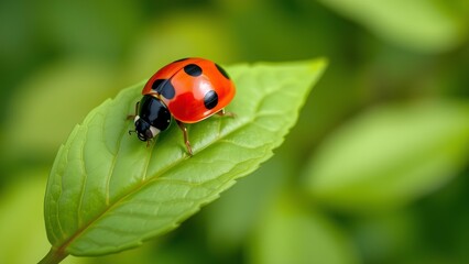 Fototapeta premium Close-up of a vibrant red ladybug with black spots perched on a fresh green leaf, highlighting detailed textures and natural colors