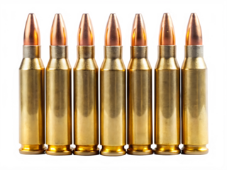 Row of five bullets with a gold colored tip isolated on white background ,PNG.AI Generated.