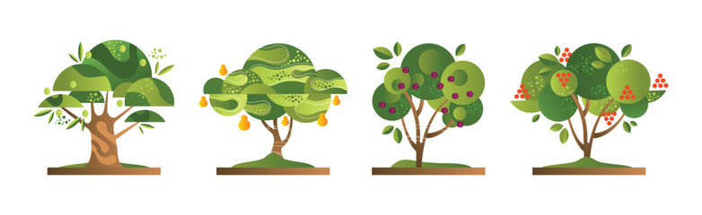 Green Fruit Tree Flat with Trunk and Ripe Crop Vector Set
