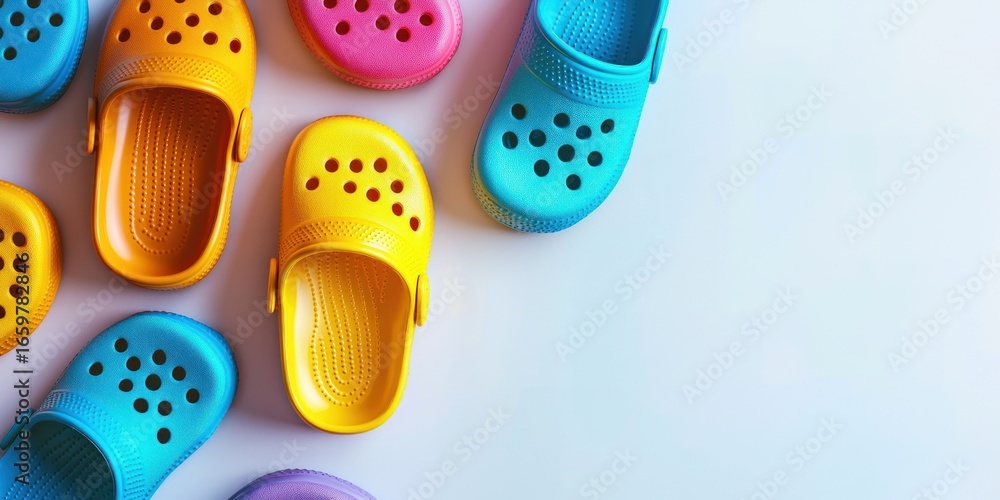 Aufkleber a collection of colorful crocs clogs are arranged on a white surface. the clogs are in various shade